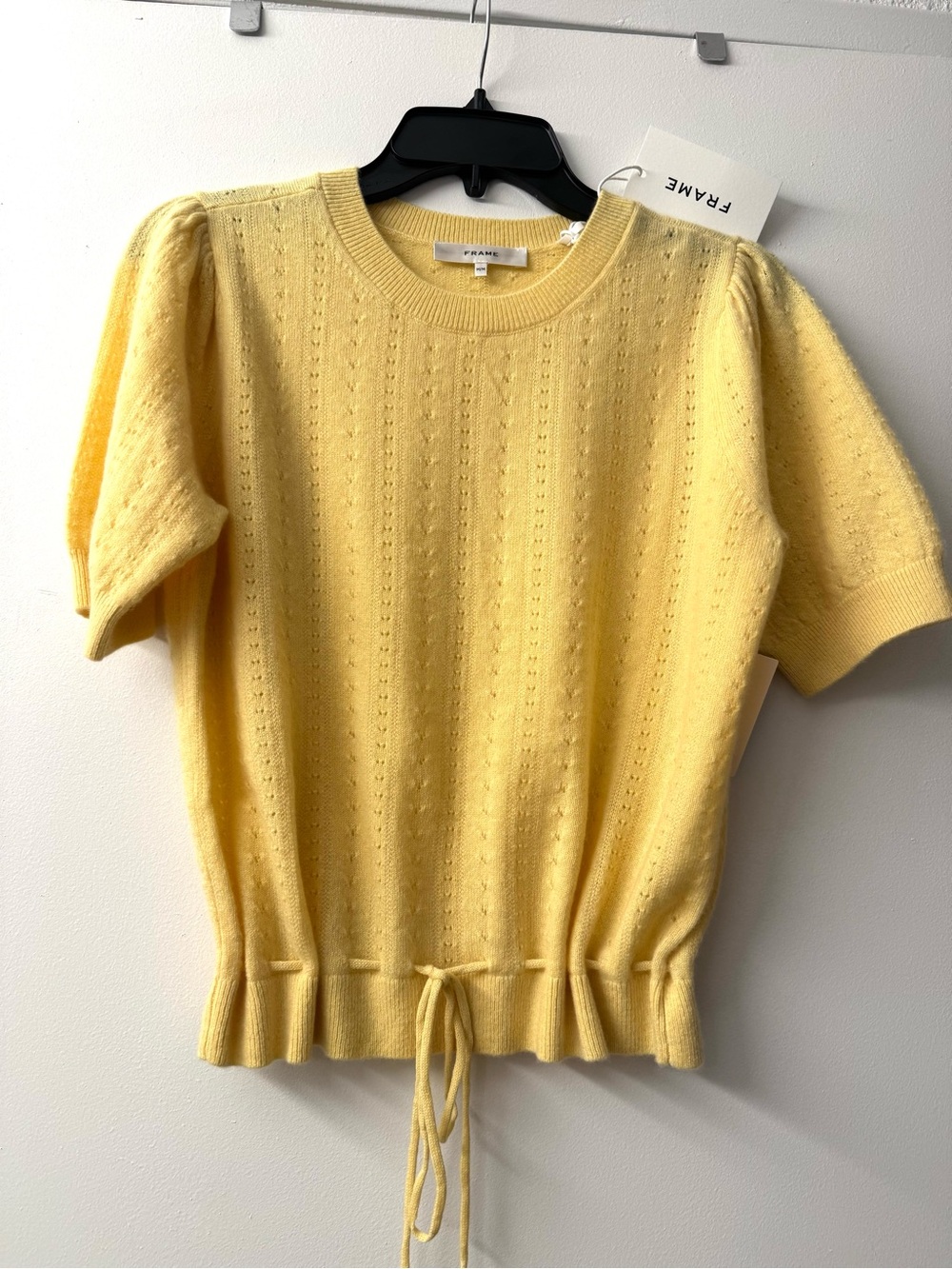 Frame Denim Soft Yellow Short-Sleeve Drawstring Knit Top 100% Cashmere